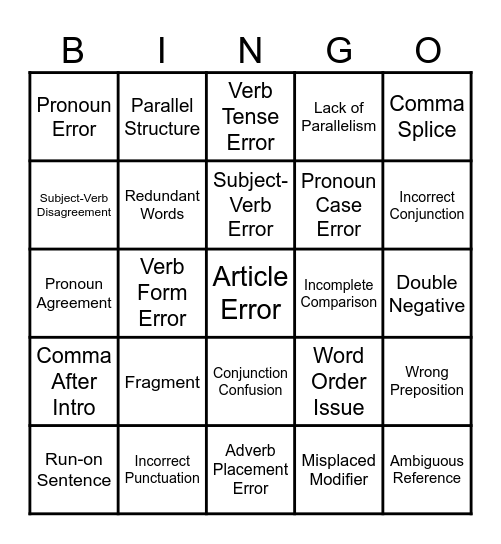 Error Bingo Card