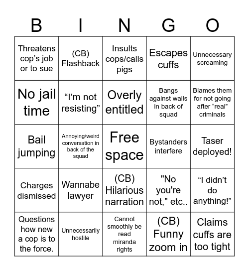 Bodycam Bingo Card