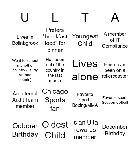 Ulta Holiday Bingo Card