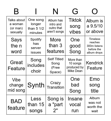 Weeknd Bingo Card