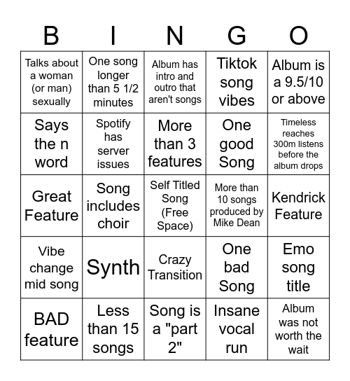 Weeknd Bingo Card