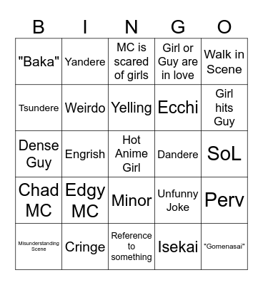 Anime UWU Bingo Card