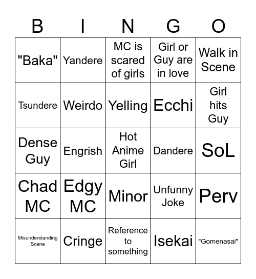 Anime UWU Bingo Card