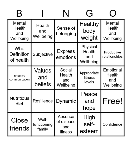 HEALTH AND WELLBEING Bingo Card