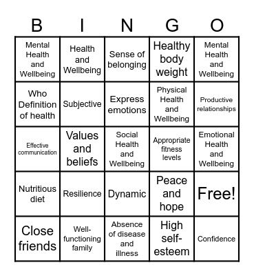 HEALTH AND WELLBEING Bingo Card