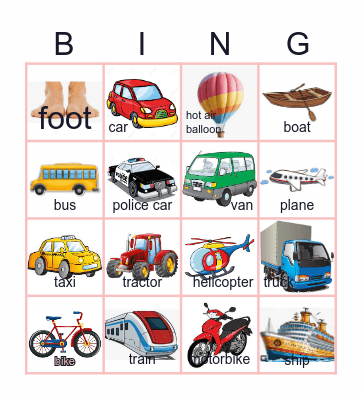 Transportation Bingo Card