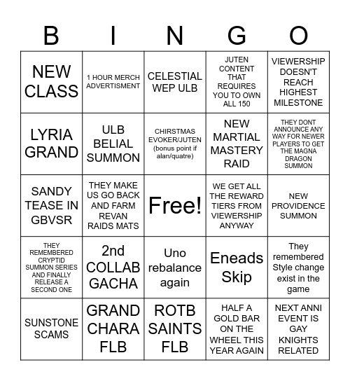 GBF DEC STREAM 2024 Bingo Card