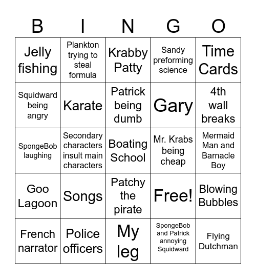 SpongeBob Bingo Card