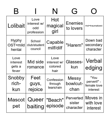 Romance anime trope bingo Card