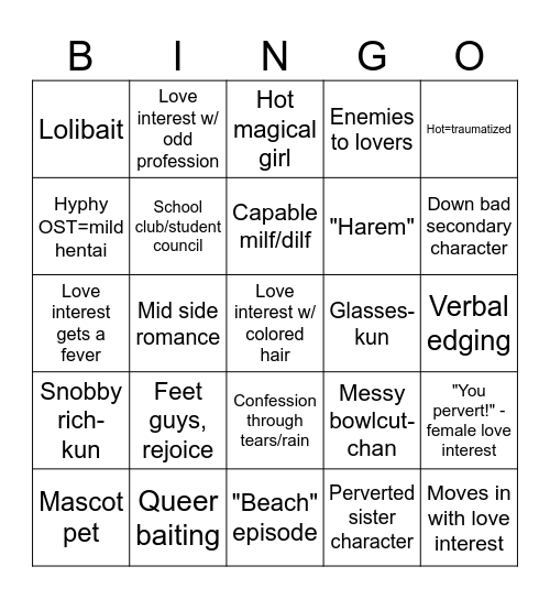 Romance anime trope bingo Card