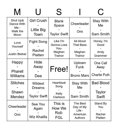 Pop Music Bingo Card