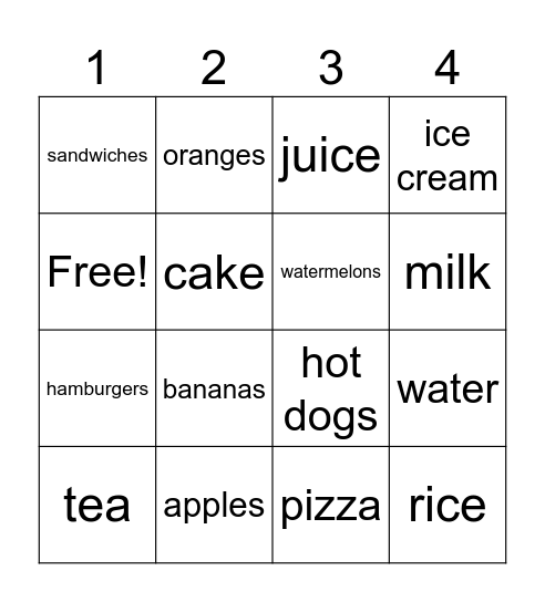 Food and Drinks Bingo Card