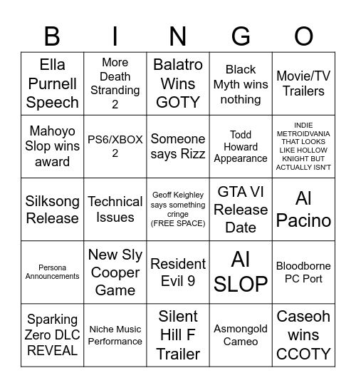 2024 Game Awards Bingo Card