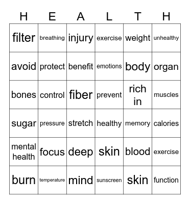 HEALTH Bingo Card