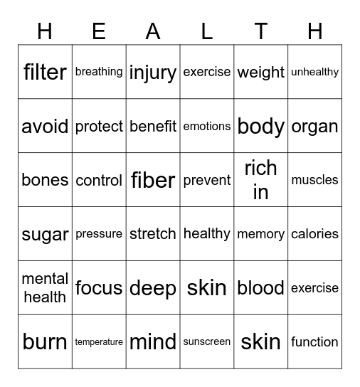 HEALTH Bingo Card