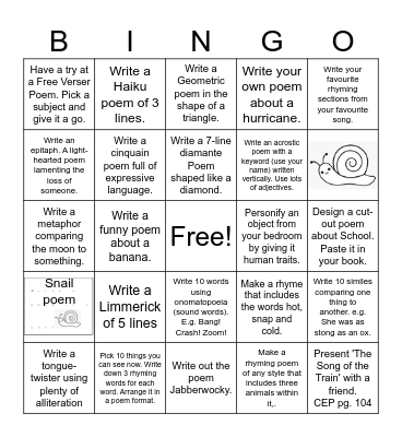 Poetry Blitz Bingo Card