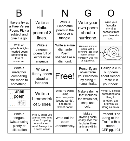 Poetry Blitz Bingo Card