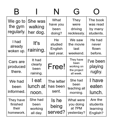 Tense Review Bingo Card