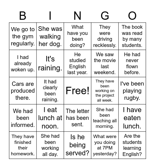 Tense Review Bingo Card