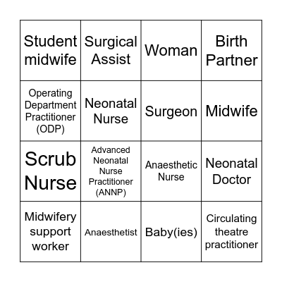 Caesarean section staff bingo Card