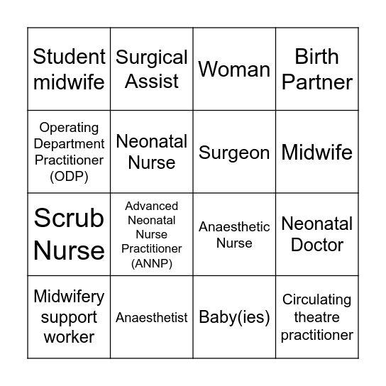 Caesarean section staff bingo Card