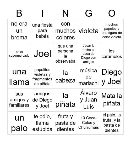 Mata la piñata 1-4 Bingo Card