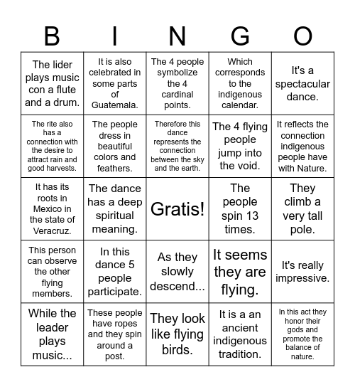 la Danza de los Voladores Bingo Card