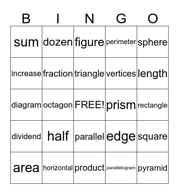 Math Vocabulary Bingo Card