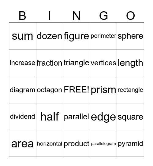 Math Vocabulary Bingo Card