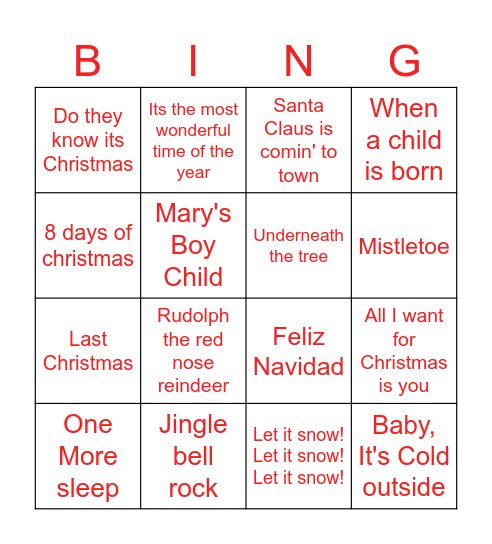 Christmas Song bingo Card