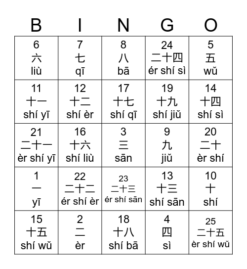 數字賓果 Number Bingo 1-25 Bingo Card
