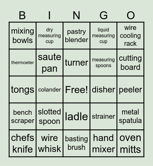 Kitchen Equipment Bingo Card