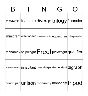 Unit 2 Vocabulary Bingo Card