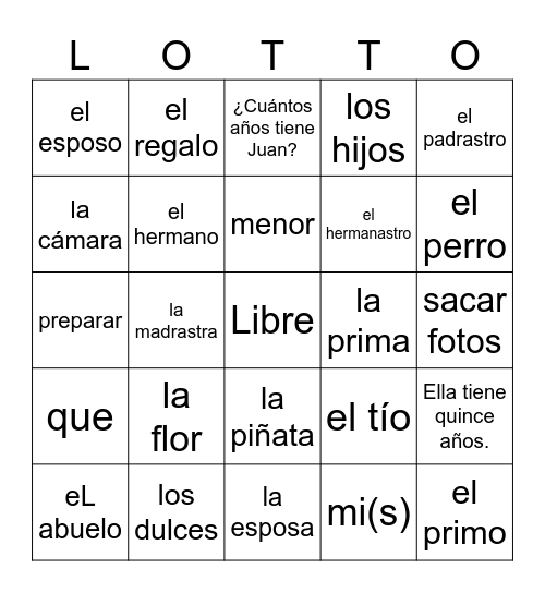 Realidades 1 Cap.5A#1 Bingo Card