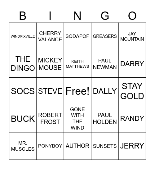 THE OUTSIDERS Bingo Card