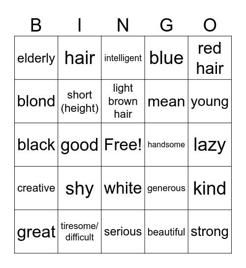 Adjectifs Bingo Card