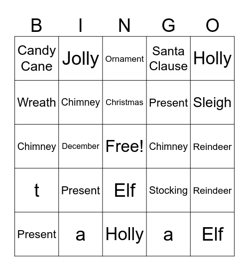 Spelling BINGO Card