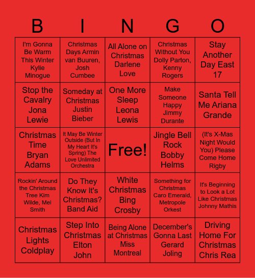 Sky Radio Christmas Songs Bingo Card