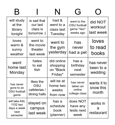 1101 Semester Done Bingo Card