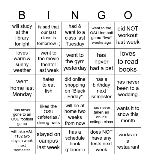 1101 Semester Done Bingo Card