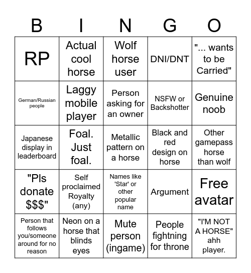 Horse World Bingo (modern map ed.) Bingo Card