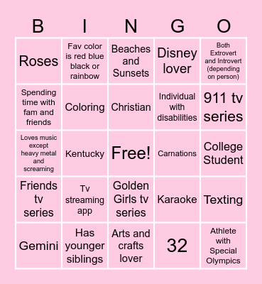 Penpal Bingo Card