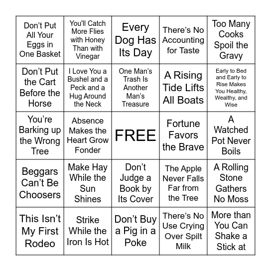 Southern Sayings Bingo Card