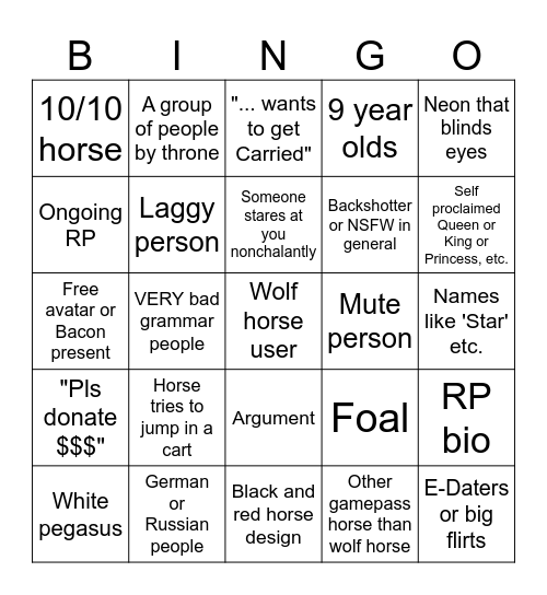 horse world roblox brainrot bingo Card