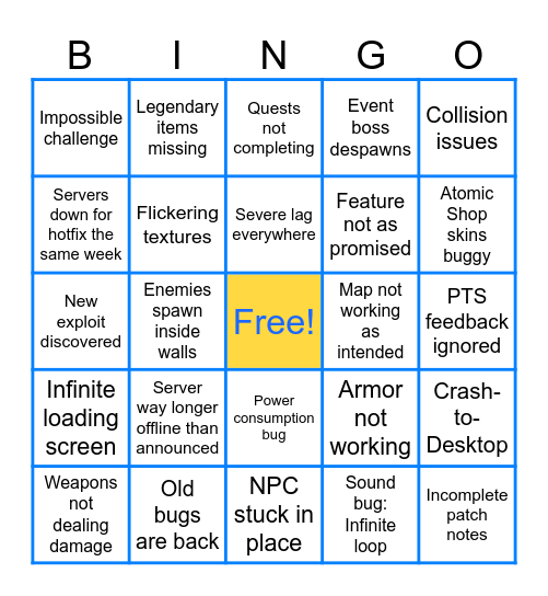 Fallout 76 Update Bingo Card