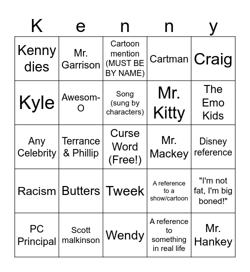 South Park Bingo Card