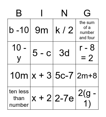 Translating Algebraic Expressions MH Bingo Card