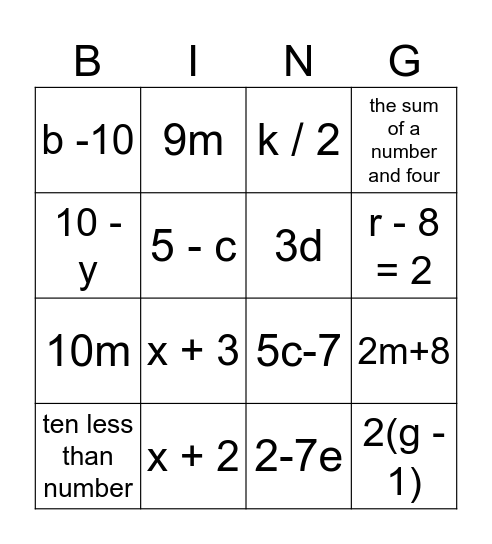 Translating Algebraic Expressions MH Bingo Card