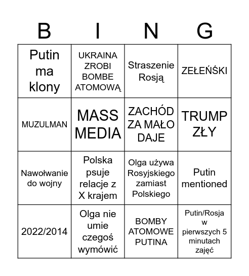 Olga Bingo Card