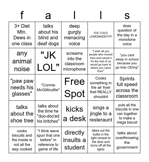 Mr. Falls 2025 Bingo Board! Bingo Card